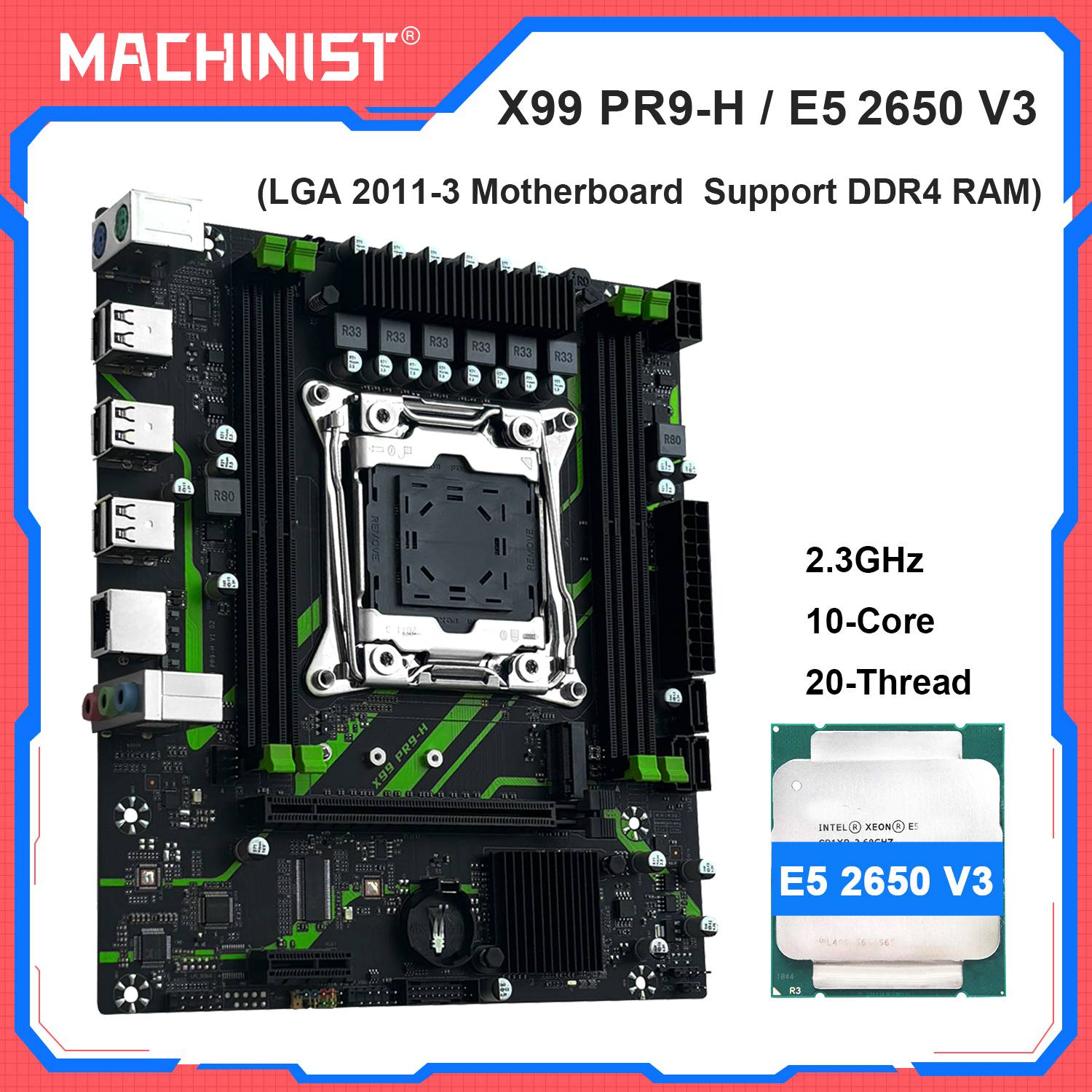 MACHINIST X99 PR9-H Motherboard Combo With Intel Xeon E5 2650 V3 CPU LGA 2011-3 Support DDR4 Dual-channel RAM NVME/SATA M.2