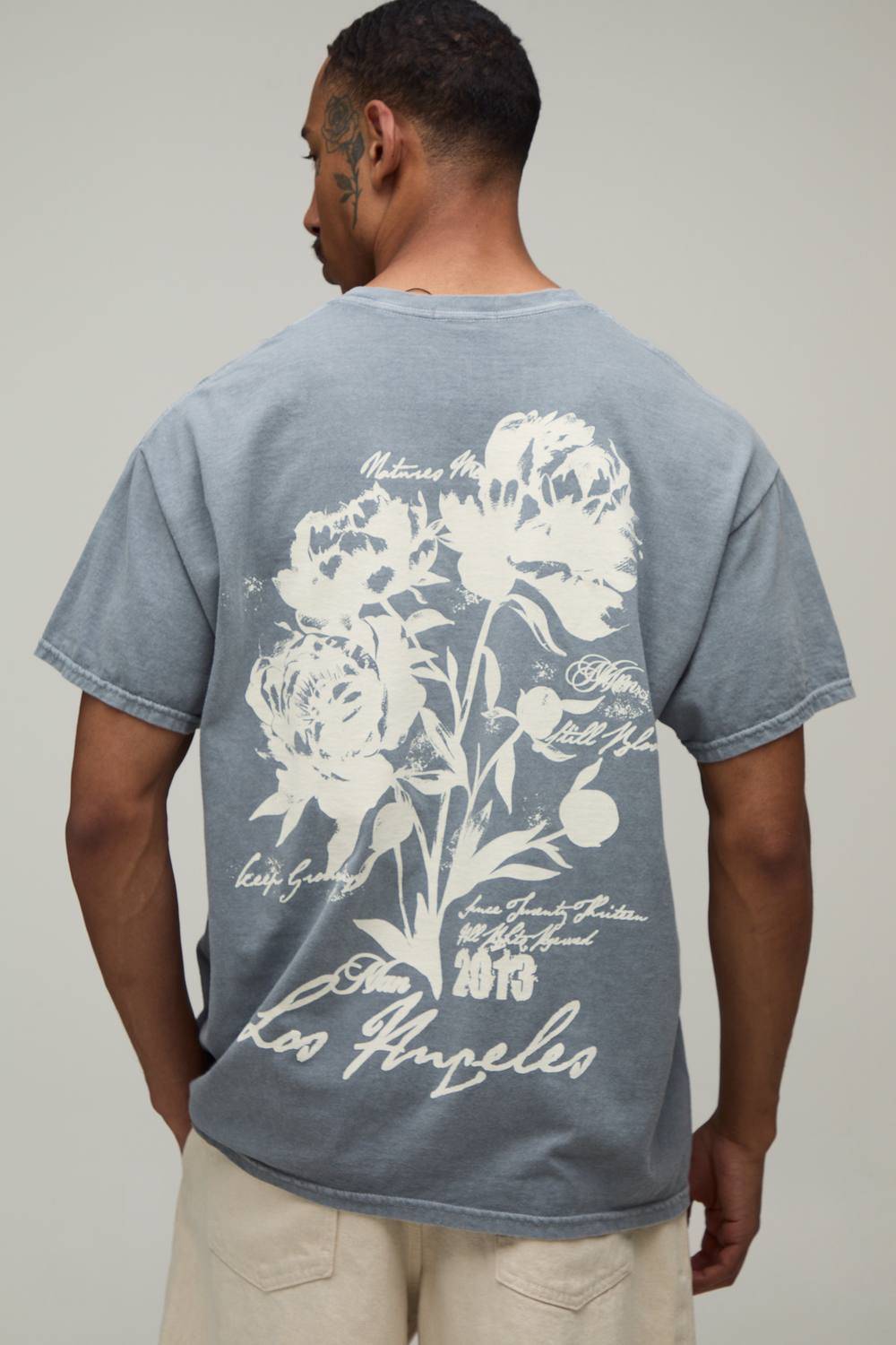 Oversized Los Angeles Floral Washed T-Shirt | Grey | Size Small