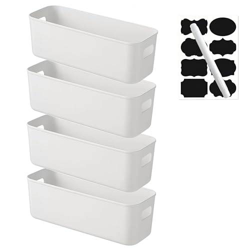 Set med 4 förvaringslådor med handtag (27,5 x 10,5 x 9,6 cm) – Små, smala förvaringskorgar – Plastförvaringslådor för kök och badrum – Hyllor och skåporganisering (Vit, 27.5×10.5×9.6 cm)