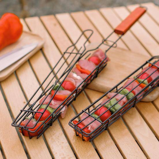 Kabob Grillkorg Trähandtag Rostfritt stål Bärbar non-stick grönsaker Räkor Kött Hot Dog Grill Grill Nät BBQ Tools brun