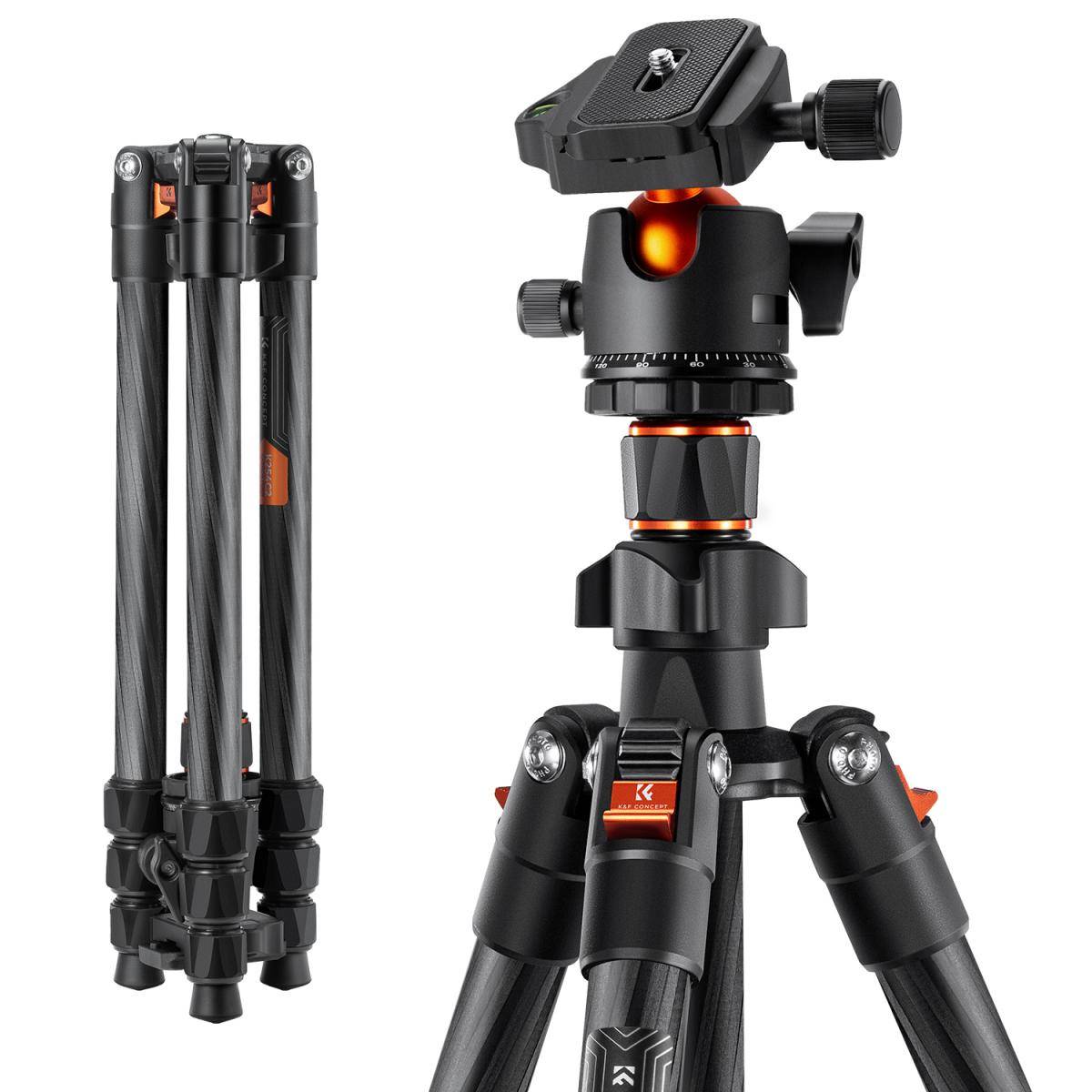 KENTFAITH 64"/1.62m Carbon Fiber Lightweight Travel Tripod with 36mm Ball Head Load Capacity 8kg/17.6lbs,Quick Release Plate,for DSLR Cameras Indoor Outdoor Use K254C2+BH-36L