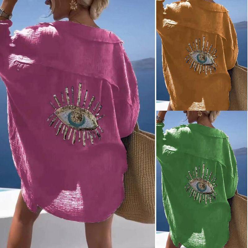 Onda ögat Casual Skjorta Dammode Strandstil Lös Knapp Solskydd Bomull Linneskjortklänning Sommar Casual Damtopp cm gul