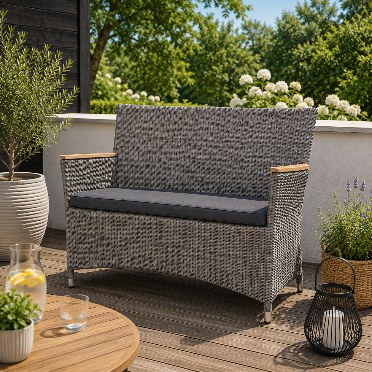 Komfortabel 2-personers havesofa med armlæn i grå UV-polyrattan med gold teak- armlæn og inkl. mørkegrå hynder - H89xL120xD61 cm