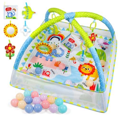 Dr.Rapeti Baby Play Mat, Baby Play Gym, Playmats & Floor Gyms, Spädbarnsaktivitet Gym Mat, Play Mat med Play Arch, löstagbar spegel, mjuk bok och bollar leksaker, tjocka icke-toxiska Playmats