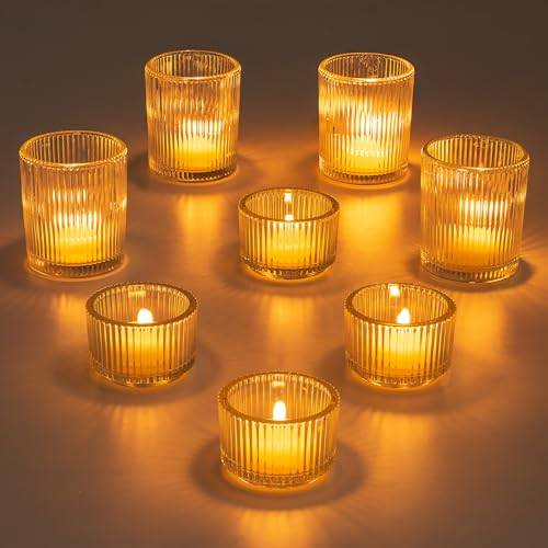 Glasseam Ljushållare i glas, set med 8 genomskinliga ljushållare, räfflad ljushållare för matbord, chic ljushållare för bröllop jul heminredning