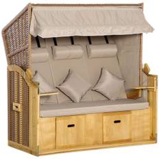 Solstol 3-sits solstol med tak och 2 hopfällbara bord, fotstöd, XXL polyrattan naturell, 150x79x160cm för trädgård & terrass |.d
