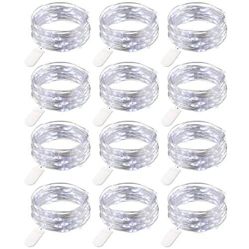 TIYUPA 12 st ljusslingor, 20 LED-lampor koppartrådslampor batteridrivna, 2 m mikrobelysning eldfluga lampa för gör-det-själv jul bröllopsfest födelsedag inomhus utomhus dekor camping, kall vit