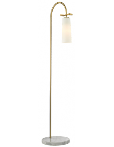 BOW Gulvlampe i sten, stål og glas H150 cm 1 x E27 - Hvid marmor/Børstet messing/Opalhvid