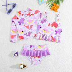 Baby Girl Fashion Summer Långärmad Rund Hals Dragkedja Baddräkt & Triangel Swim Bottom Set - Mauve Lila (6-9M,9-12M,12-18M,18-24M,2-3Y)