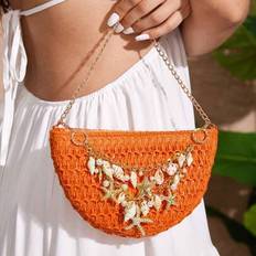 Ladies, Women Top Handle Bags, Straw Bag, Orange, Summer Vacation, Marine Element Chain Decorated, Fashionable, Elegant, Simple, Personalized, Versati - Orange - one-size