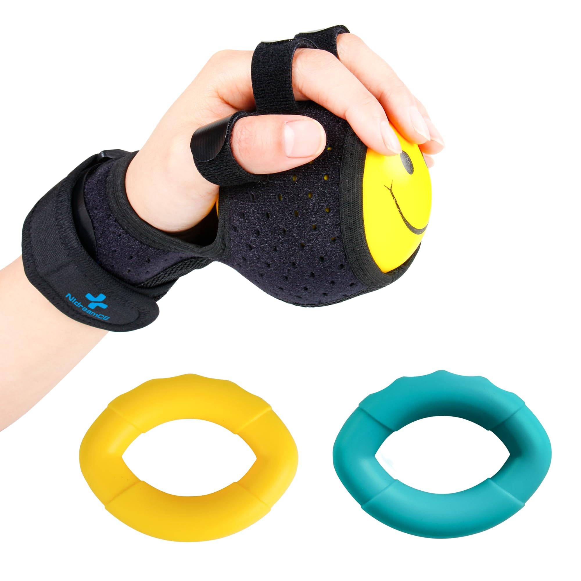 NIdreamCE Greppstärkande Träningsboll Multifunktionell Handenhet för Strokerehabilitering Fingerkorrektor Vila Handledsstöd Cerebrala och svart