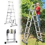 Jopassy Teleskopstege, hopfällbar, 1,7 + 2 m, 5 + 6 steg, A-ram, multifunktionsstege i aluminium, för takreparationer