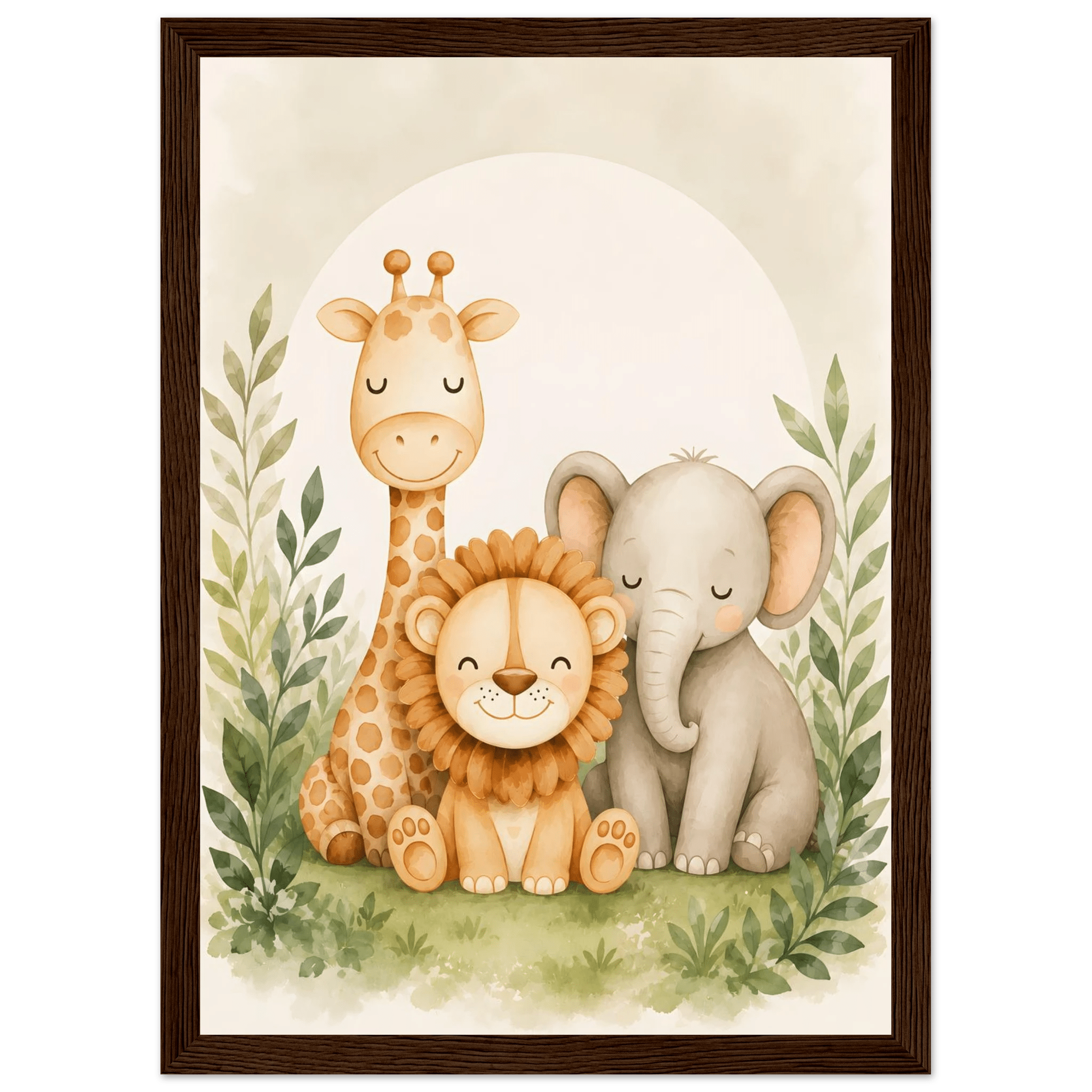 Lejon, elefant giraff poster-21x29.7 cm / 8x12" / Med ram / Mörkt trä