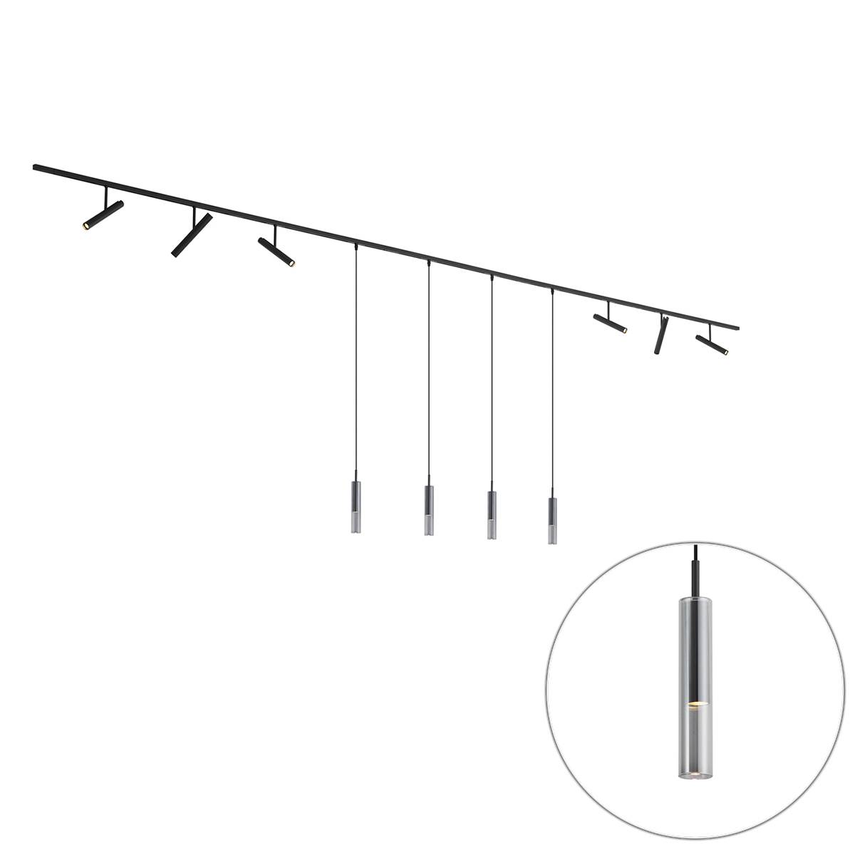 Moderne skinnesystem sort med 6 spots og 4 pendellamper sort 1-faset - Slimline Avery Loyce