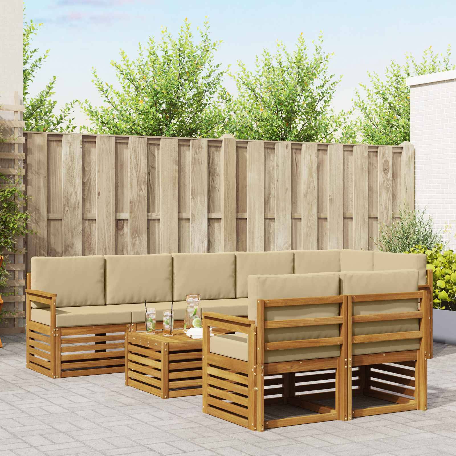 vidaXL Sofasæt med pude 9 pcs Naturlig og Beige Massivt Akacietræ.