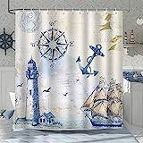 Bonhause Nautisk duschdraperi Segelbåt kompass ankare duschgardin 180 x 200 cm, badgardin, antimögel, vattentät, tvättbar, badrumsgardin med 12 krokar för badkar
