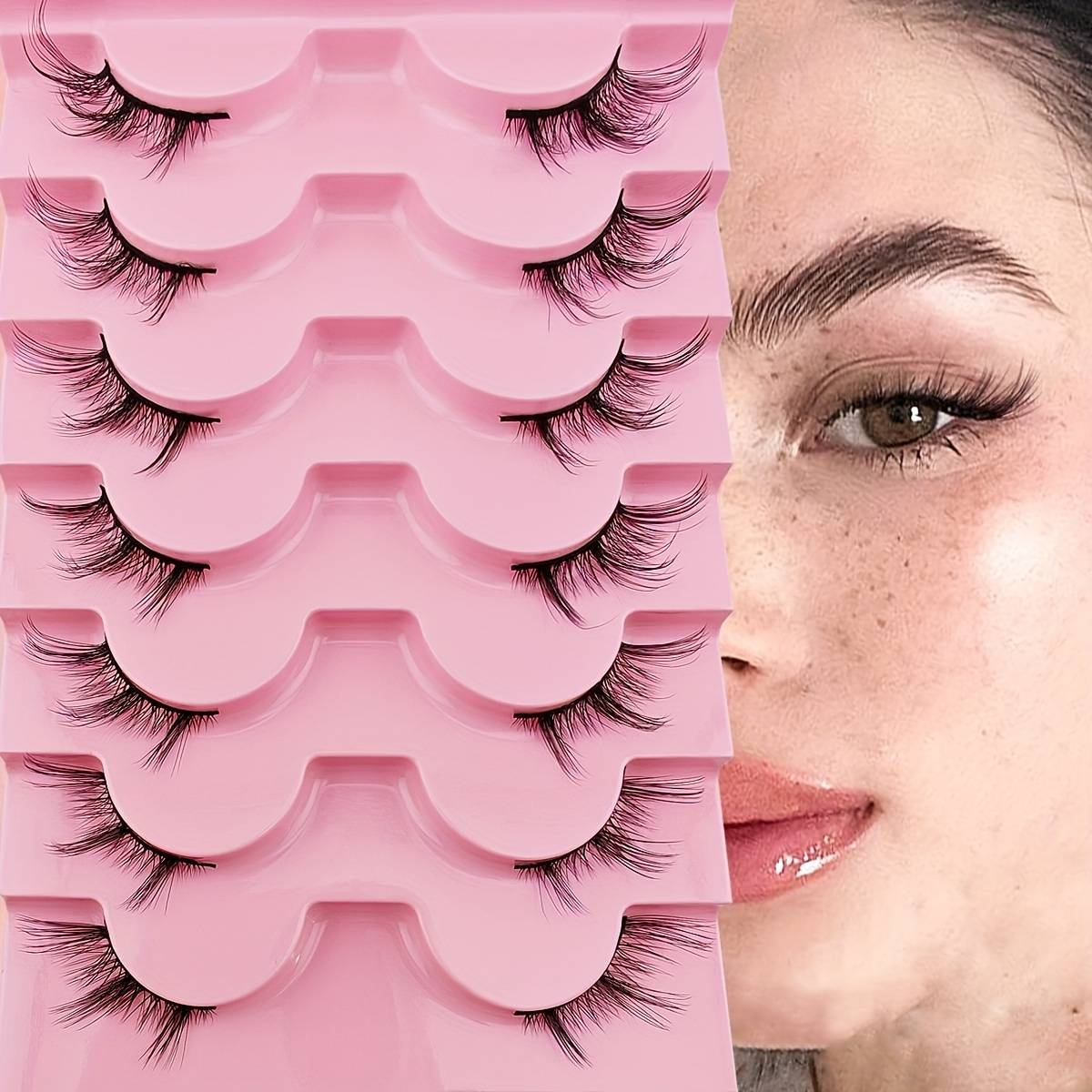 7 Pairs Half Lashes 16mm Cat Eye Lashes Natural Lashes Wispy Fluffy Cute Lashes 3/4 Corner Lashes That Extensions Pack