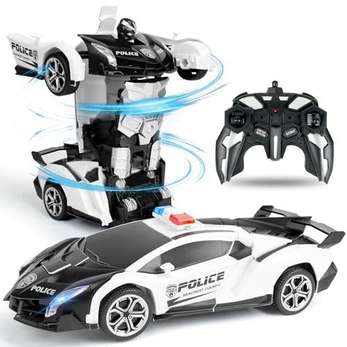 HOTUT Fjärrstyrd bil, 1:18 transformator 2-i-1 robotleksak med 2,4 GHz fjärrkontroll, polisbil, present för pojkar och flickor från 6 år