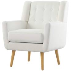 Lænestol Stue Wing Stol Polstret Tuftet Lounge Chair Afslapningsstol med Teddy Fleece Look Træben Polstret Stol til Soveværelse