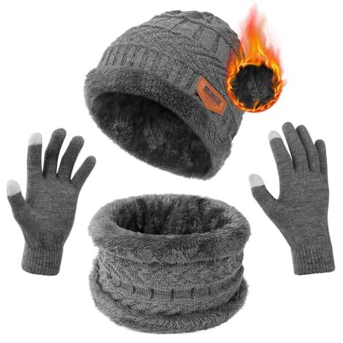 flintronic 3-i-1 vintermössa scarf handskar set, vinter varm elastisk stickad mössa, cirkelscarf och pekskärm handskar set, utomhussport tjock mjuk fleece innerfoder present till män kvinnor, Grå,