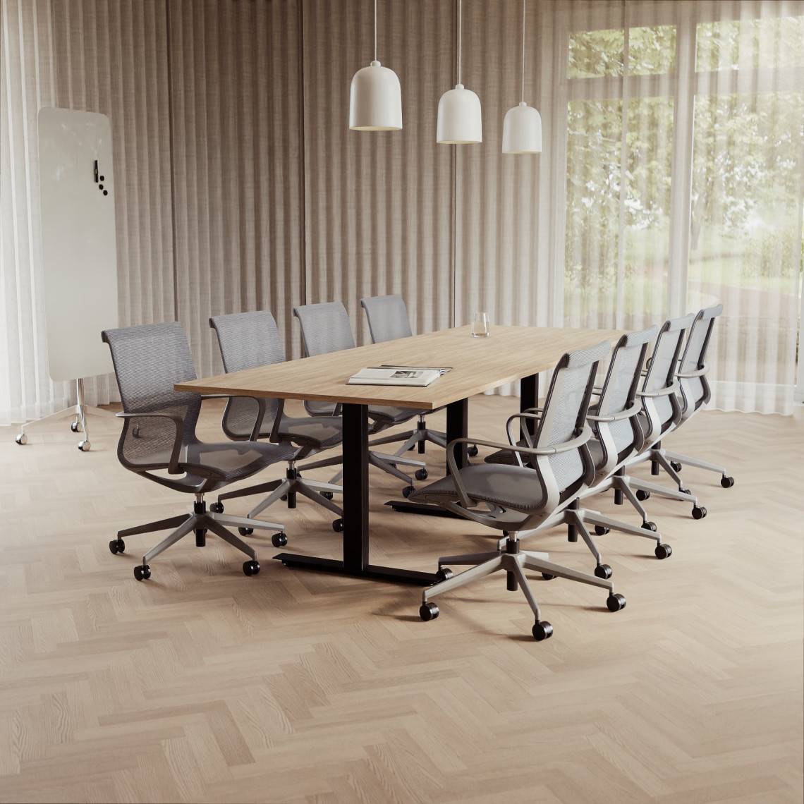 Konferencesæt Modul + Ergo 285, Størrelse 8 pladser (280 cm), Bordplade Eg, Understel Sort, Stol Grå.