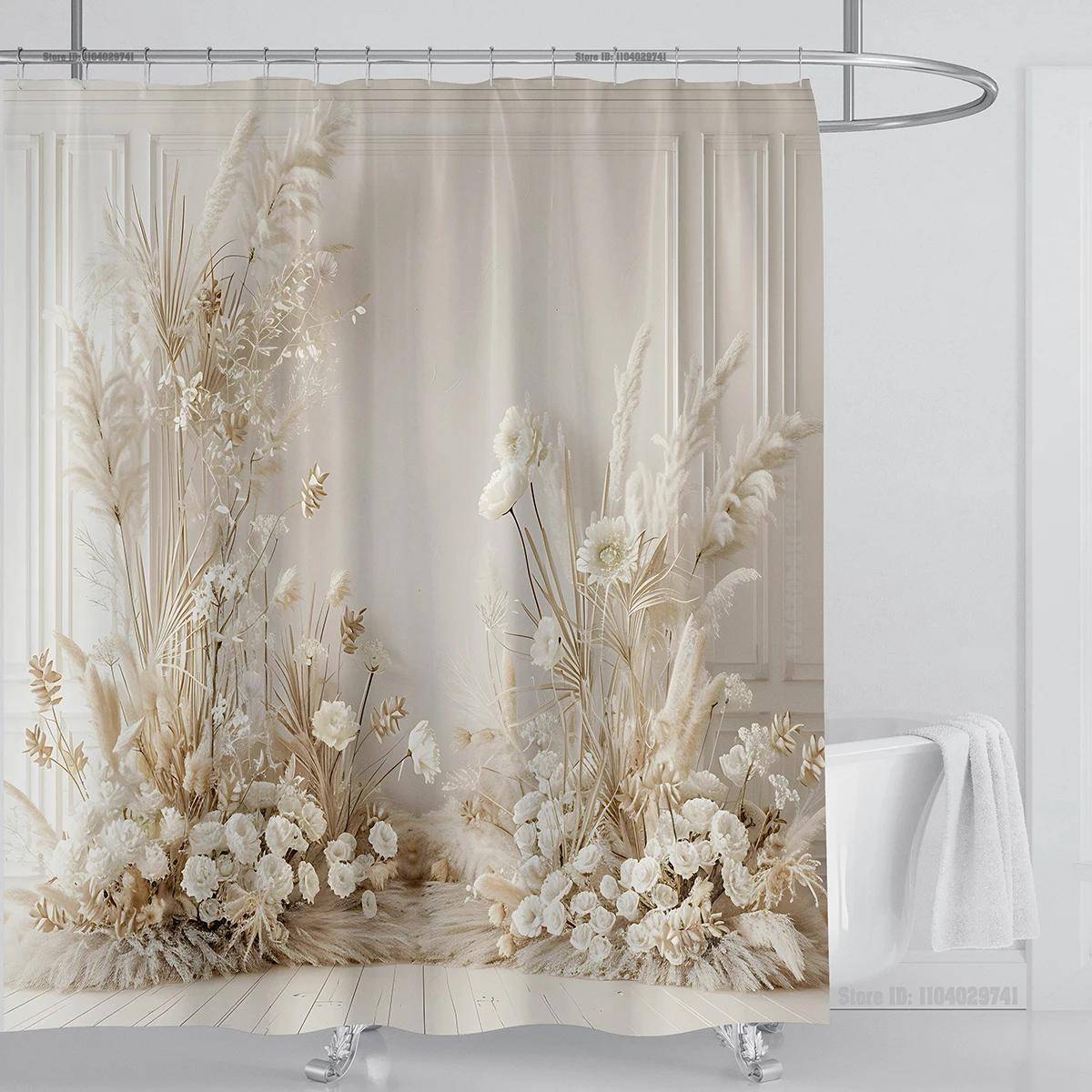 Elegant Duschdraperi med Blommor - Mjukvita Blommor & Gräsdesign för Romantisk Badrumsinredning, Vattentätt & Lättskött