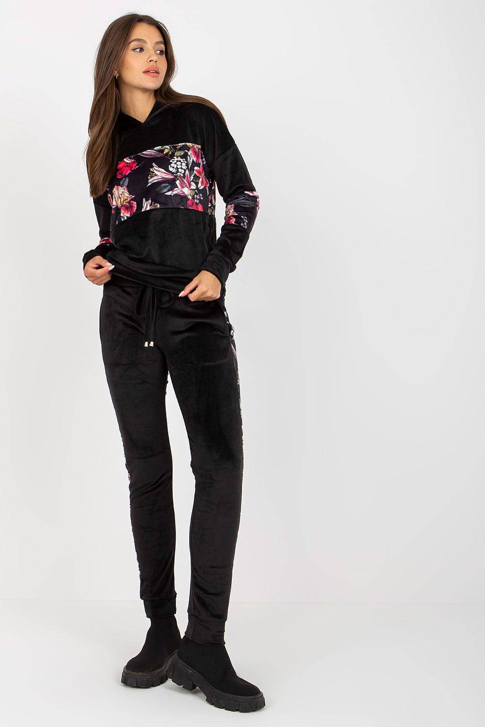 Rue Paris - Soft Velour Floral Panel Hættetrøje & Jogger Sæt - Sort - s