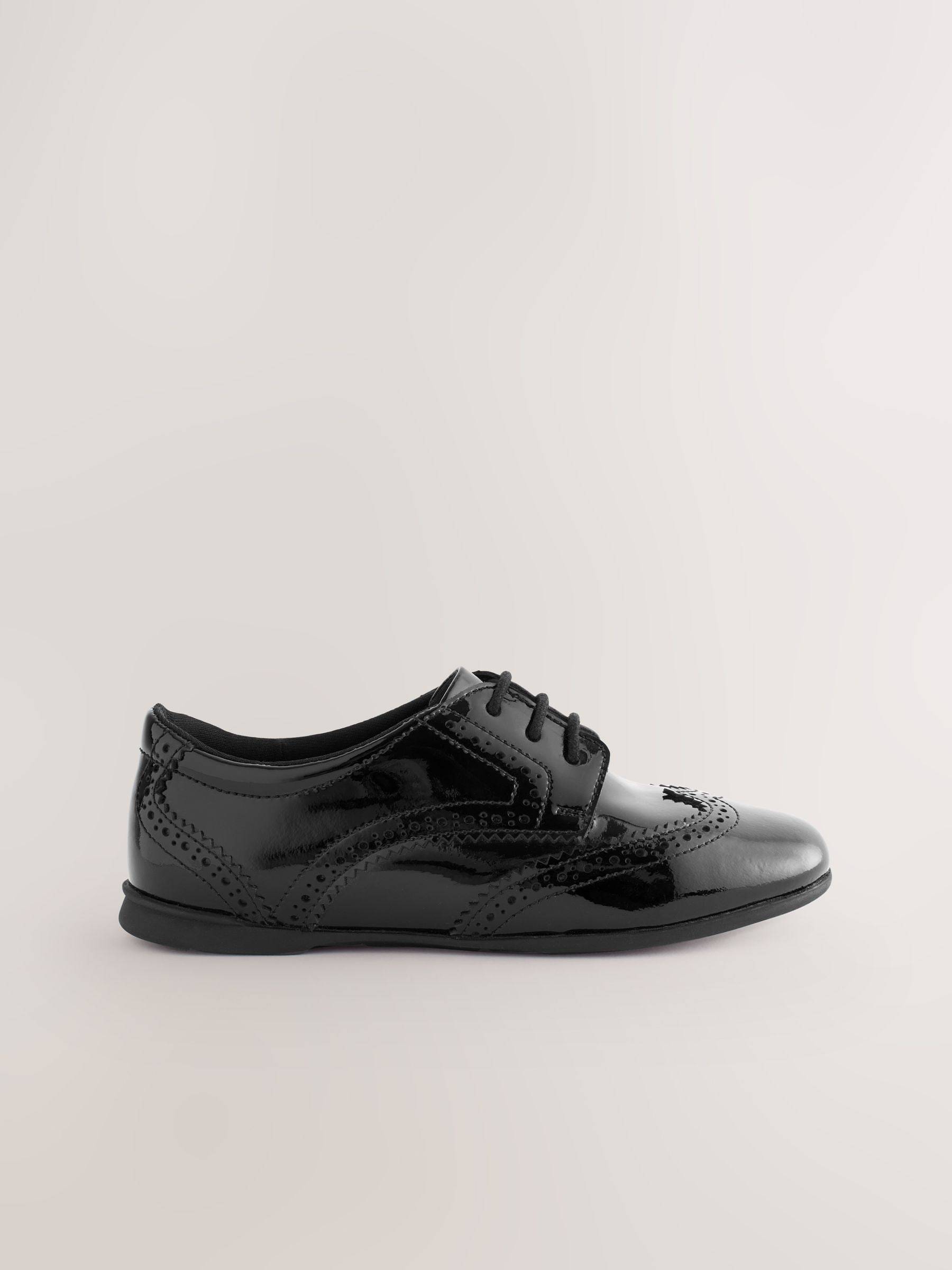 Next Black Patent Standard Fit (F) Leather Brogue Lace-Up School Shoes - EU 35 (UK 2.5)