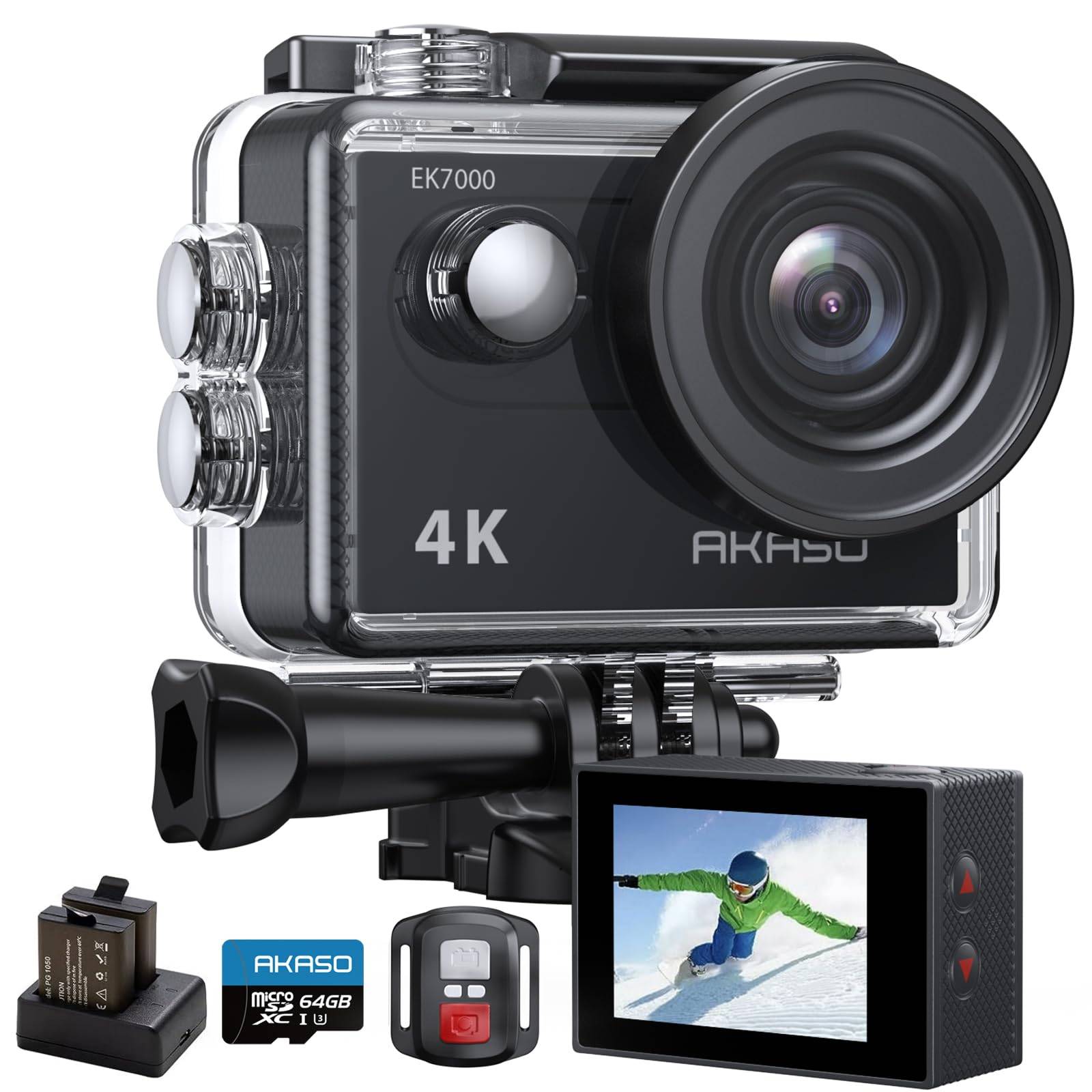 AKASO Action Camera EK7000 4K 20MP with 64GB Memory Underwater Camera with External 40M HDMI Remote Two 1050mAh and Wide Range of Accessories Card, svart