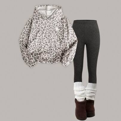 Casual sportset för tonårstjejer med leopardmönstrad logotyp, lös hoodie-sweatshirt och leggings - Grå (14Y,13Y,16Y,15Y)