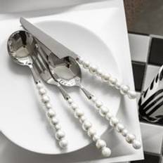 INS Modern Elegant Silver White Pearl Handle Flatware Wedding Stainless Steel Cutlery Set with Ceramic Pearl Handle