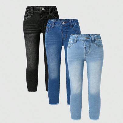 Tvättade, fransade slim fit-jeans för unga flickor, eleganta för höst/vinter, 3-pack jeans, jeans för hösten - Multifärgad (6Y,7Y,8Y,4Y,5Y)
