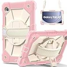 Kompatibel med Samsung Galaxy Tab A9 8,7 tum SM-X110/X115/X117 fodral 360 graders roterande multifunktionellt handtagsstativ + axelrem fullständigt skydd stöttåligt fodral (rosa + beige)