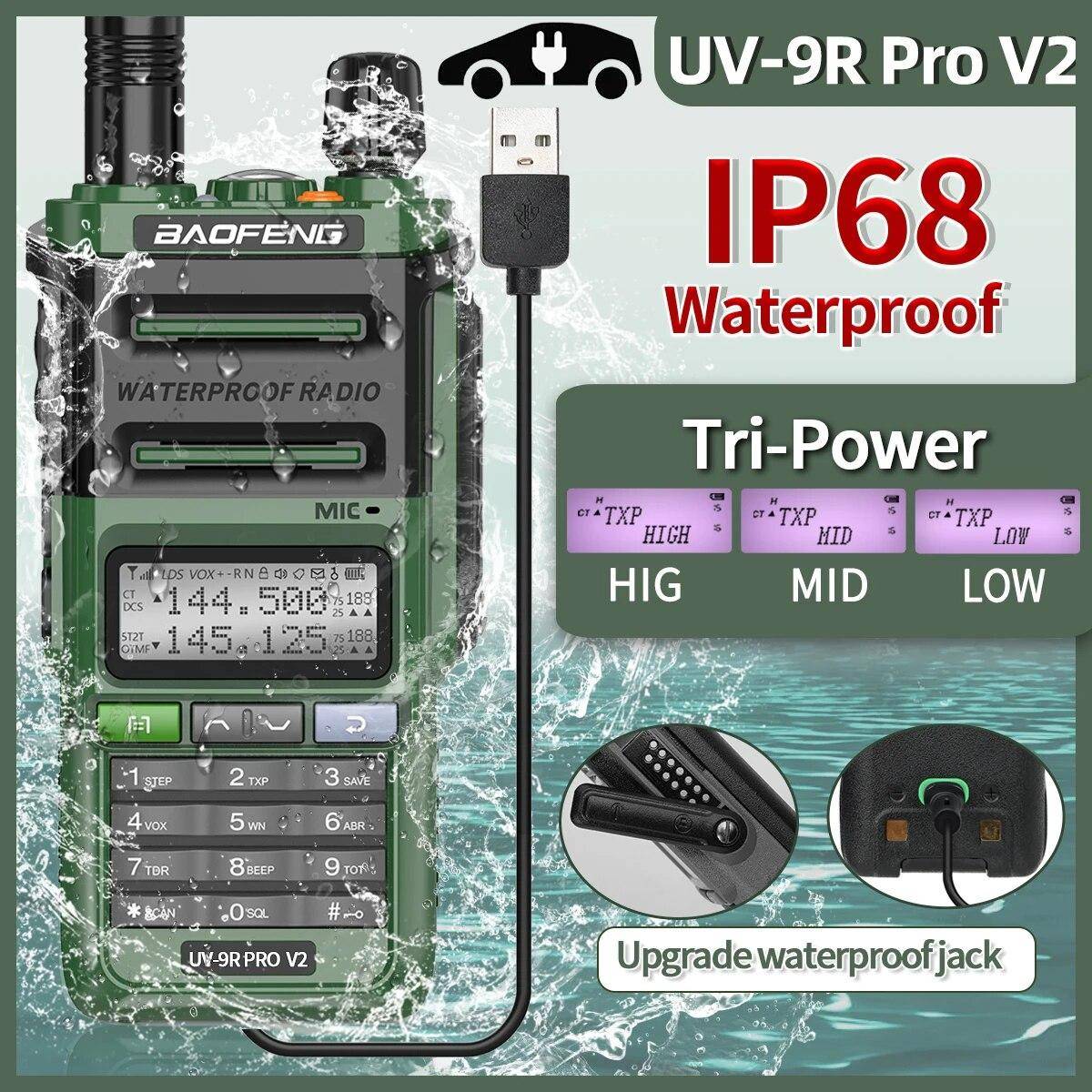 Baofeng UV 9R Pro V2 IP68 Waterproof Walkie Talkie Tri-Power Type-C Charger Dual Band Ham CB Radio Two Way Radio of UV 9R Plus orange