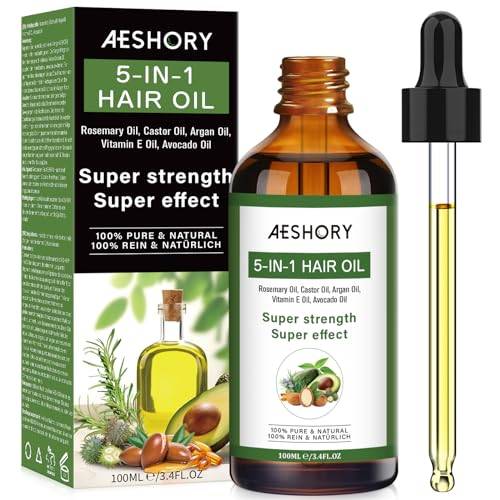 AESHORY 5-i-1 Hårvårdsolja 100ML med Rosmarinolja, Ricinolja, Arganolja, Avokadoolja, Vitamin E-olja, Reparerar Skadat och Frissigt Hår, Ger Näring och Främjar Hårväxt