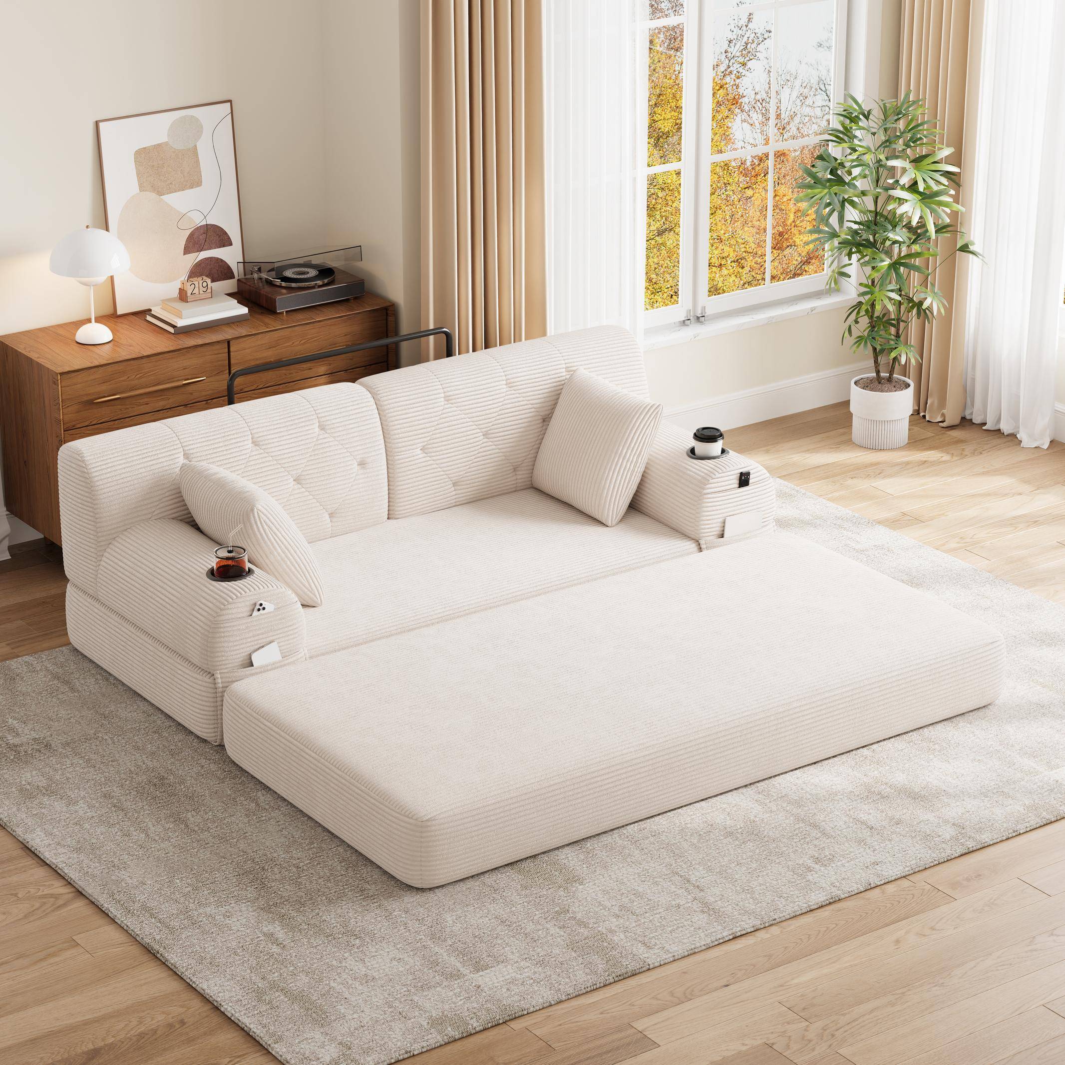 Cozy Sleeper Sofa with High-Density Foam and Soft Corduroy, Convertible Couch for Living Rooms and Small Spaces, 168L x 80W x 81H cm, Beige Aosom UK