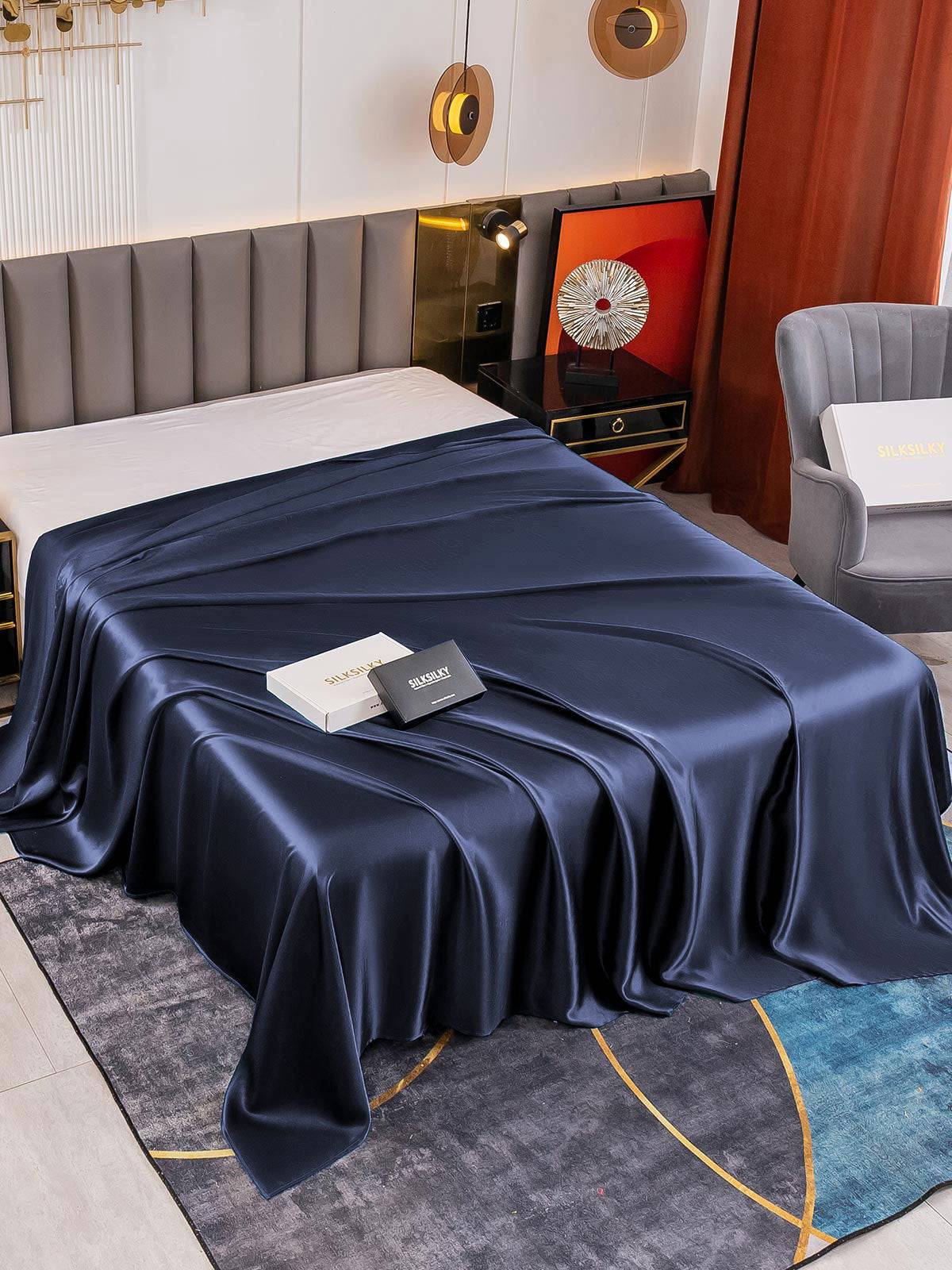 19Momme Mullbärssilke Sömlöst Platt Lakan - Mörkblå / 1,8m Säng(290x275cm)