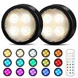 Onumii Underskåp kökslampor batteridrivna LED under skåp lampor, klistra på garderobslampor trådlösa under disken, RGB-färgade puck lampor med fjärrkontroll, 2-pack – svart