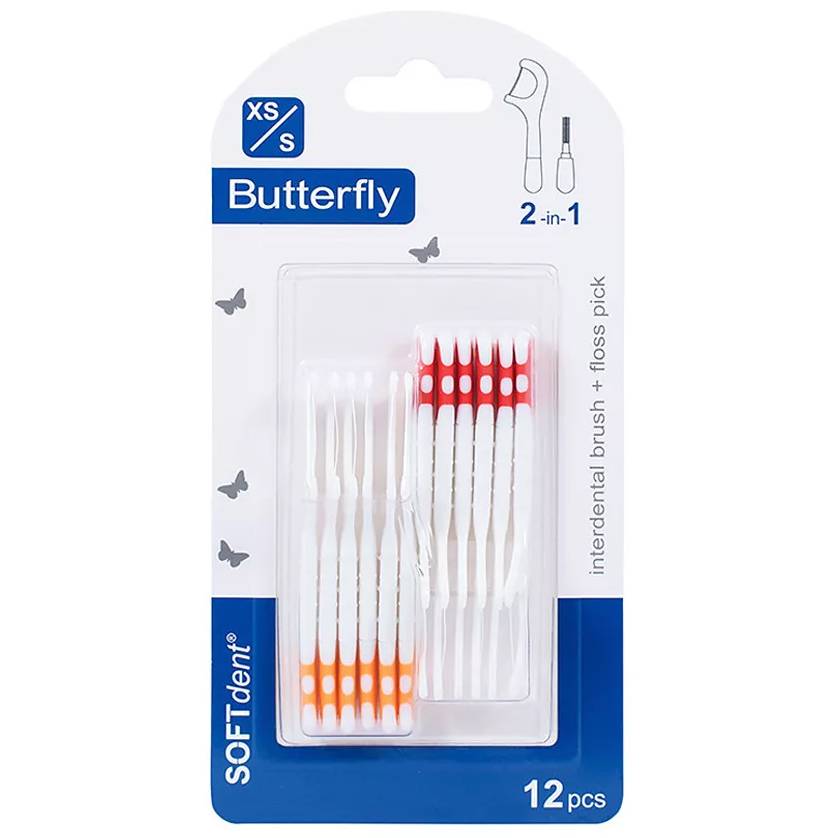 SOFTdent Butterfly 2-i-1 mellanrumsborste och tandtråd – XS/S (12 st.)
