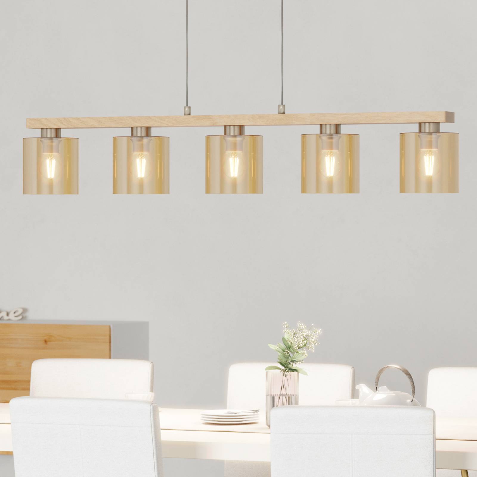 EGLO Glas pendellampa Castralvo, dimbar, Creme / bärnsten, Vardagsrum / matsal, Trä, Modern, Pendellampa