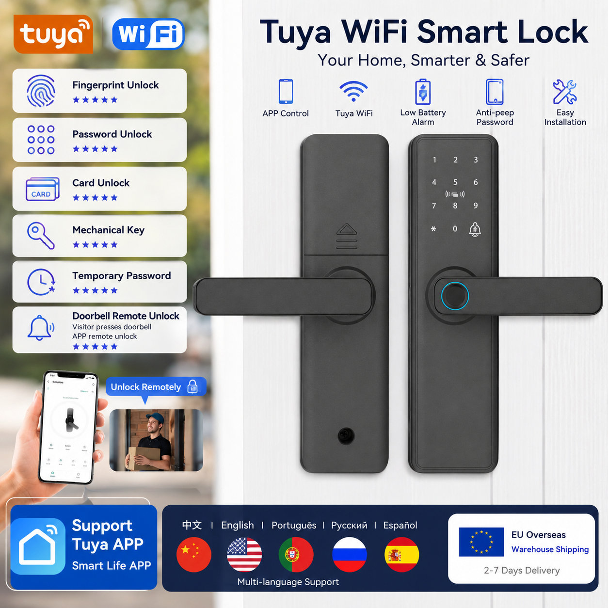 EU Warehouse Tuya Smart Fingerprint Door Lock APP Remote Unlock Password IC Card Key Temporary Code for Airbnb Home Office Fast Delivery