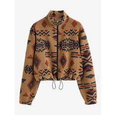 ZAFUL Damen-Toggle-Kordelzug-Langarm-Mock-Neck-Ethno-Stil, Azteken-Geo-Tribal-bedruckter, Flauschiger Teddy-Jacke mit Reißverschluss