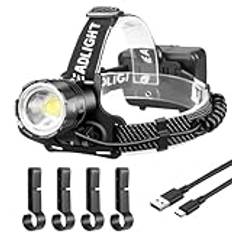 NAKCNM LED-pannlampa Super Bright, XHP70 kraftfull pannlampa 10000 lumen 3 lägen uppladdningsbar, batteridriven pannlampa med justerbart fokus, vattentät för jogging Camping Fiske