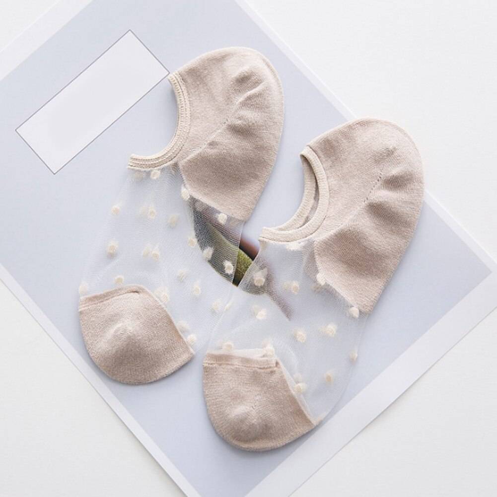 Sommar korta strumpor kvinnor andas elastiska osynliga strumpor tjejer sweet dot genomskinliga ankelstrumpor söta popsocket calcetines - Kaki