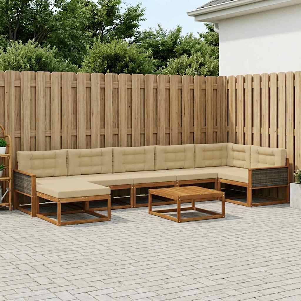 Udendørs Sofagruppe 8 Dele Massivt Akacietræ - Naturlig og beige / Grå rattan