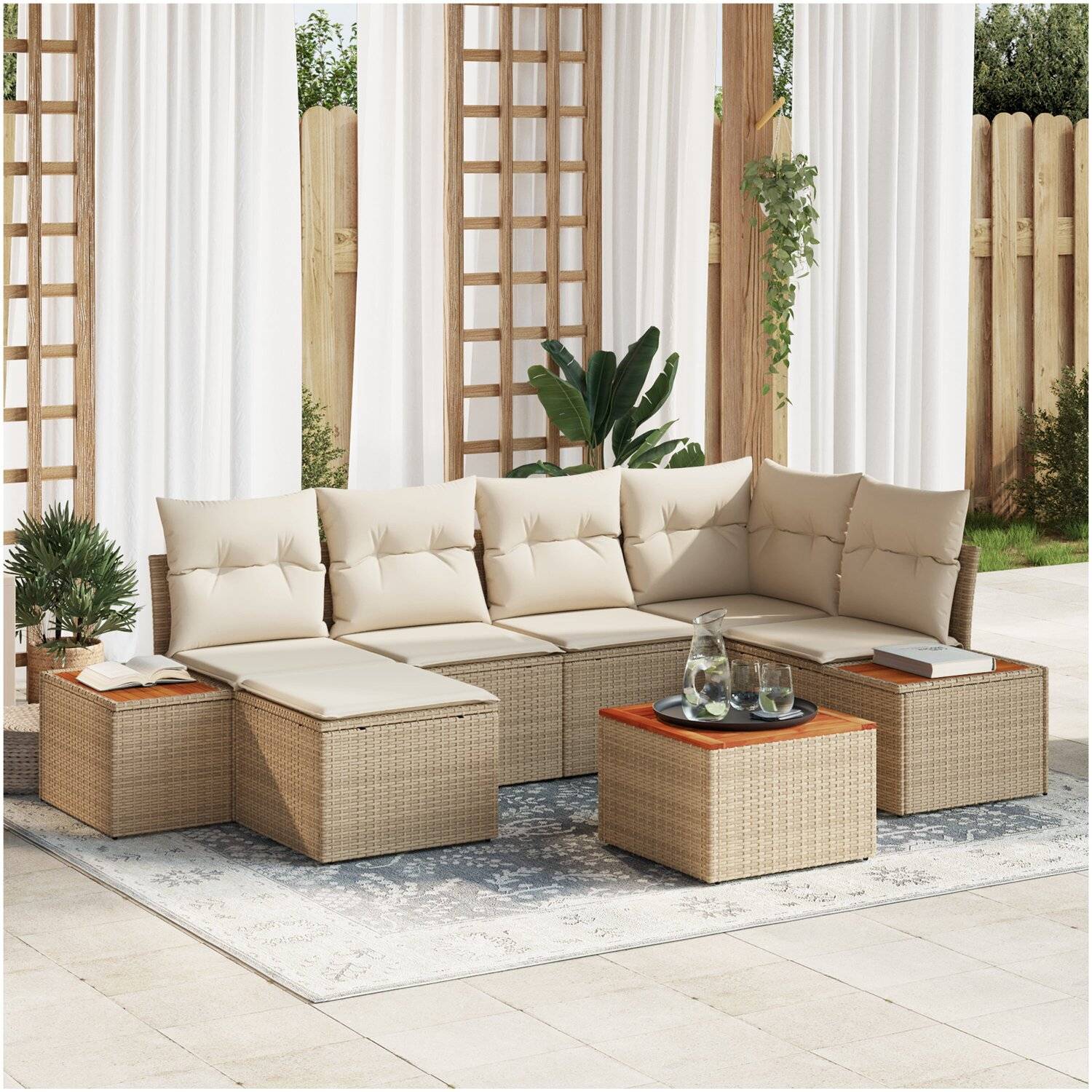 Havesofagruppe vidaxl - 7 dels trädgårdsoffagruppe med kuddar beige poly rattan akacia 55 x 37 cm naturlig - Beige