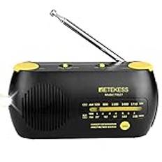 Retekess TR627 Wind Up Radio, AM/FM-radio, Bärbar Nödradioficklampa Mobilladdare, Drivs av 1200mAh Batteri eller AAA-batteri (Svart)