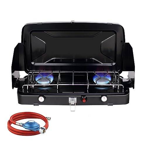 Camplux JK-8620-DE Campingspis 2 lampor, kompakt campinggasspis med lock, bärbar gasspis utomhus, 50 mbar, 2400 watt, LPG
