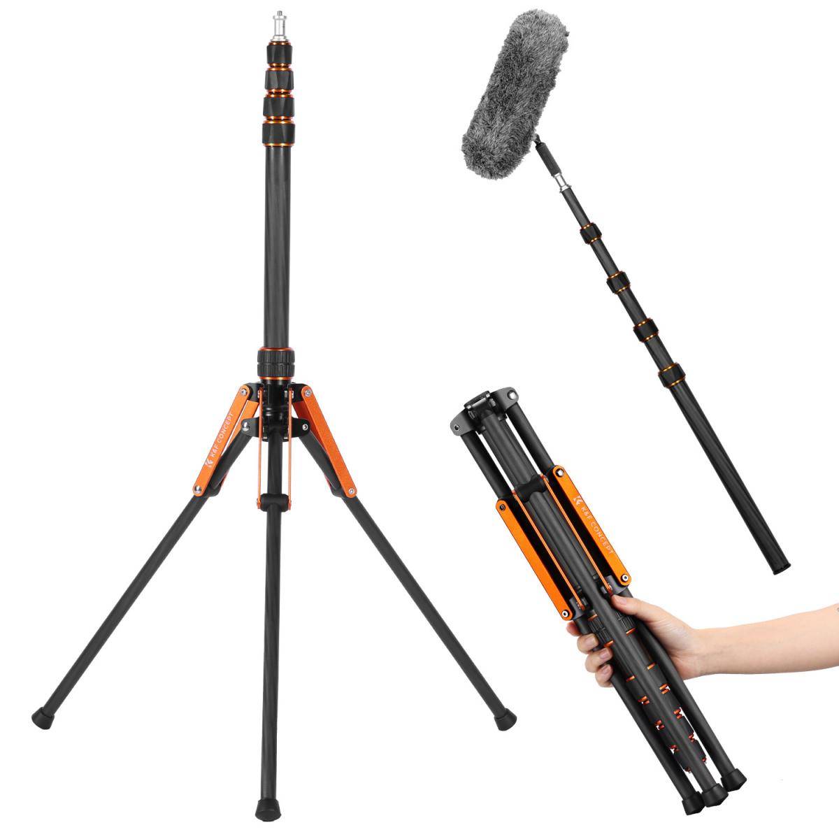 KENTFAITH K&F CONCEPT 6.6ft/2.0m Carbon Fiber Light Stand: Portable Reverse-Folding Stand with Detachable Center Column, Phone Clip & Carry Bag for Video Lights, Softboxes & Ring Lights