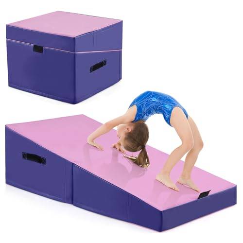 COSTWAY lutande gymnastikmatta, kilformad mjuk golvmatta, vikbar, 2-i-1 gymnastikmatta med bärhandtag, sportmatta, fitnessmatta barn för hem, gym (rosa + lila)